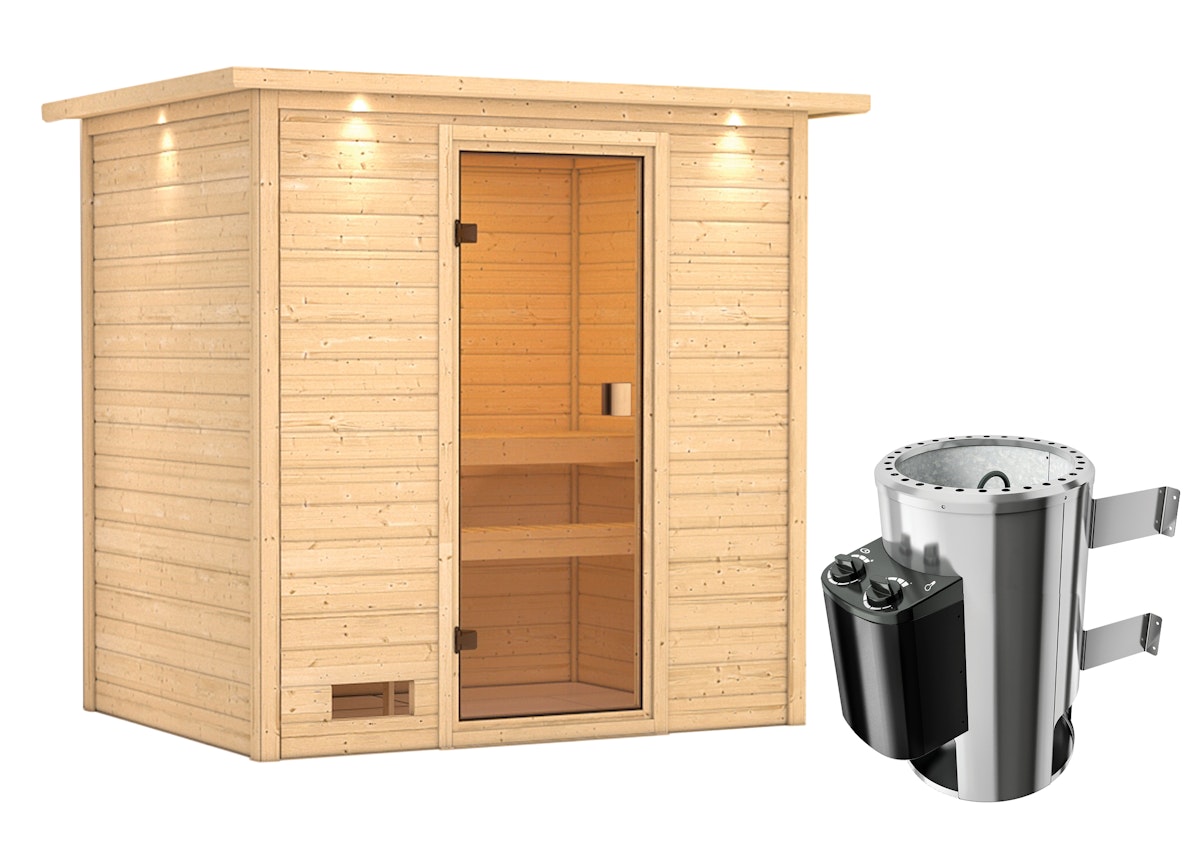 Karibu Woodfeeling Sauna Selena - 38 mm Bronzierte Ganzglastür Inkl. Dachkranz 3,6 kW Plug&Play Ofen integr. Steuerung von Karibu