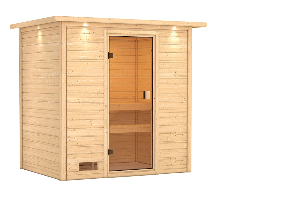 Karibu Woodfeeling Sauna Selena - 38 mm Massivholz Aktionssauna Bronzierte Ganzglastür Inkl. Dachkranz Ohne Ofen inkl. 9-teiligem gratis Zubehörpaket (Gesamtwert 271,91€) von Karibu