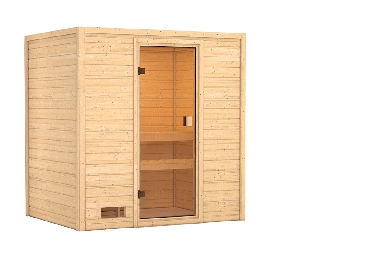 Karibu Woodfeeling Sauna Selena - 38 mm Massivholz Aktionssauna Bronzierte Ganzglastür Ohne Dachkranz Ohne Ofen inkl. 9-teiligem gratis Zubehörpaket (Gesamtwert 271,91€) von Karibu