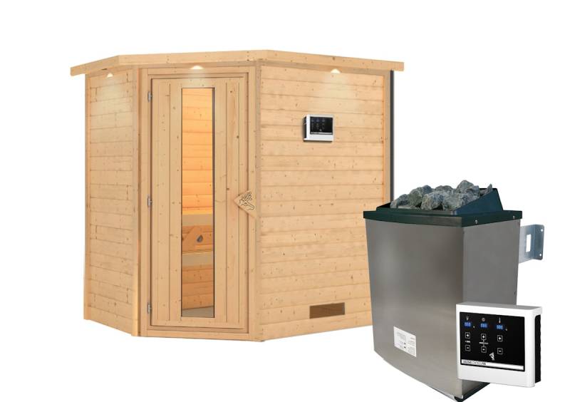 Karibu Woodfeeling Sauna Svea - 38 mm Massivholz Aktionssauna -Inkl. Dachkranz-Energiesparende Saunatür mit Glaseinsatz-9 kW Bio-Kombiofen inkl. Steuergerät inkl. gratis Zubehörpaket von Karibu