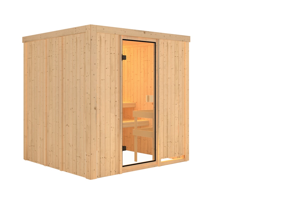 Karibu Woodfeeling Sauna Tromsö - 68 mm Aktionssauna Bronzierte Ganzglastür Ohne Dachkranz Ohne Ofen inkl. 9-teiligem gratis Zubehörpaket (Gesamtwert 271,91€) von Karibu