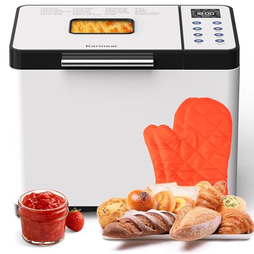 Karinear Brotbackmaschine, 20 Programmfunktion Brotbackautomat mit Handschuhen, 15-Stunden-Zeitvorwahl, 2LB Edelstahl Brotbackautomat mit 3 Laibgrößen und Krustenfarben, Weiß von Karinear