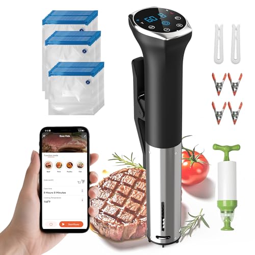 Karinear Sous Vide Garer Stick mit Vakuumbeutel-Set | APP-Steuerung | WIFI (2.4G) | 1400W Sous-Vide Stick | 10-90°C, 1-99 Min. Timer | 360° Zirkulation | Suvide Garer stick von Karinear
