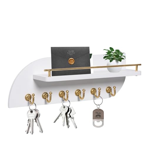 Karisky Key Holder for Wall, Decorative Key and Mail Organizer with 6 Sturdy Metal Hooks and Floating Shelf, 14 Inches Wood Wall Mounted Key Rack for Entryway, White and Gold von Karisky