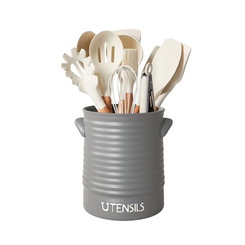 Karisky Kitchen Utensil Holder for Countertop, 6.4" Large Ceramic Utensil Crock with Cork Mat, Handles, Modern Cooking Tool Spatula Organizer for Kitchen Counter Decor, Matte Grey von Karisky