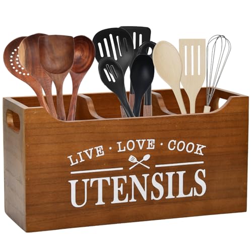Karisky Kitchen Utensilhalter mit Drainageboden, große 3 Fächer fester echtes Holz Utensil Organizer für Küchentheke, Kochwerkzeuge für Bauernhäuser für Arbeitsplatten, Brown von Karisky