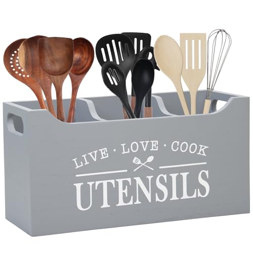 Karisky Kitchen Utensilhalter mit Drainageboden, große 3 Fächer fester echtes Holz Utensil Organizer für Küchentheke, Kochwerkzeuge für Bauernhäuser für Arbeitsplatten, Grau von Karisky