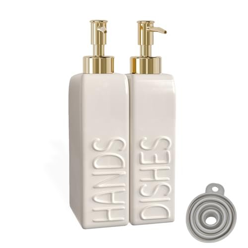 Karisky Soap Dispenser Set with Gold Rustproof Stainless Steel Pump, 2 Pack Ceramic Refillable Dish Soap and Hand Soap Dispenser for Kitchen, Bathroom, Matte White von Karisky
