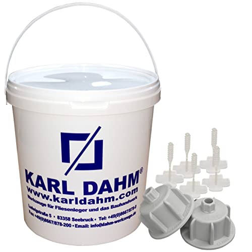 Karl Dahm Fliesen Nivelliersystem Basis-Set für 2 mm Fugen: 50 graue Zughauben für Fliesenstärke 12-20 mm + 250 Basis Gewindelaschen + Eimer I Leichte & professionelle Fliesen Verlegehilfe – 12452 von Karl Dahm