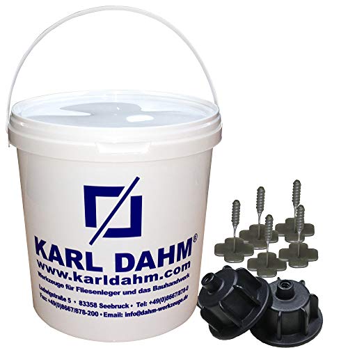 Karl Dahm Fliesen Nivelliersystem Basis-Set für 1 mm Fugen: 50 schwarze Zughauben für Fliesenstärke 3-12 mm + 250 Basis Gewindelaschen + Eimer I Leichte & professionelle Fliesen Verlegehilfe – 12451 von Karl Dahm