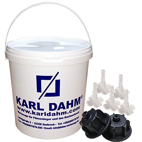 Karl Dahm Fliesen Nivelliersystem Basis-Set für 2 mm Fugen: 50 schwarze Zughauben für Fliesenstärke 3-12 mm + 250 Basis Gewindelaschen + Eimer I Leichte & professionelle Fliesen Verlegehilfe – 12450 von Karl Dahm