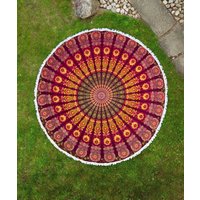 Rundes Strandtuch Rot Gelb Grün 100% Baumwolle - Mandala Tuch Xxl Für Unterwegs Am Strand, Im Park Und Garten, Picknicktuch Runde Decke von Karmandala
