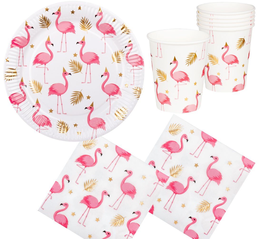 Karneval-Klamotten Einweggeschirr-Set Flamingo Deko Party Set 40 Teile, Partygeschirr Pappteller Pappbecher Servietten von Karneval-Klamotten