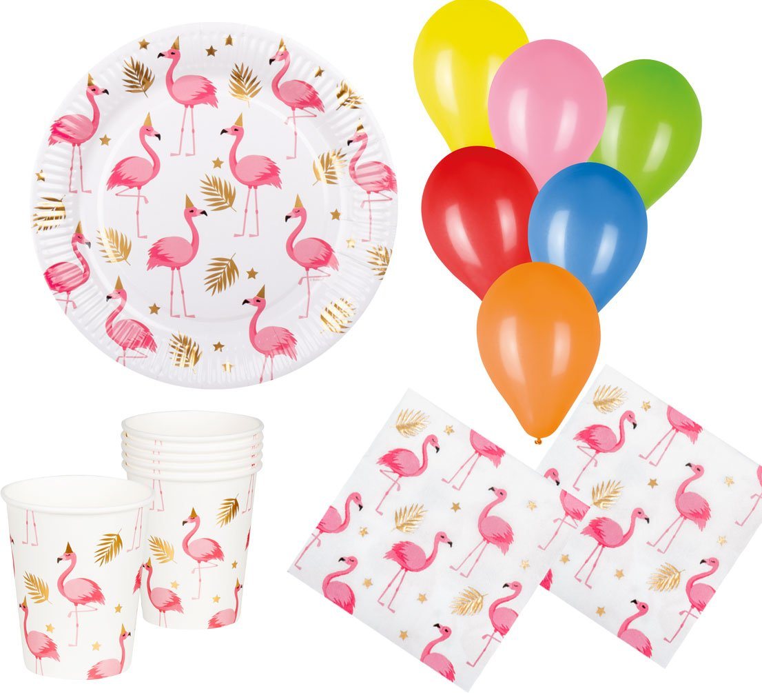 Karneval-Klamotten Einweggeschirr-Set Flamingo Deko Party Set 40 Teile mit Ballons, Partygeschirr Pappteller Pappbecher Servietten von Karneval-Klamotten