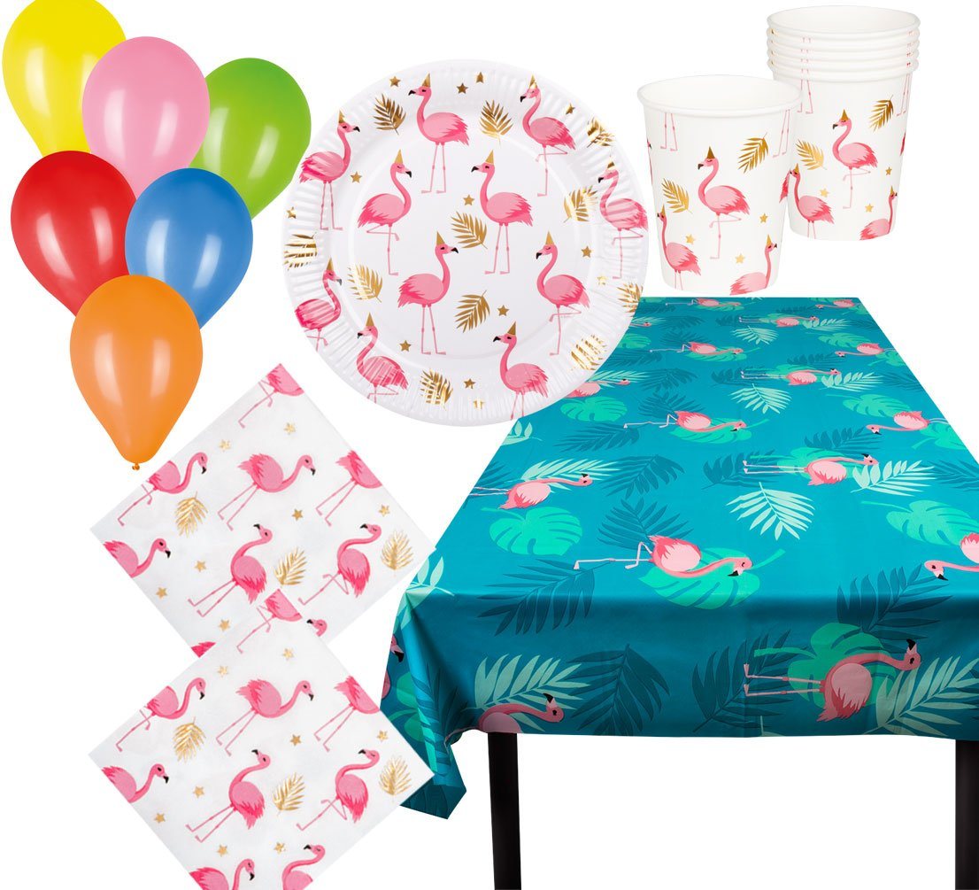 Karneval-Klamotten Einweggeschirr-Set Flamingo Deko Party Set 41 Teile mit Ballons, Partygeschirr Pappteller Pappbecher Servietten von Karneval-Klamotten