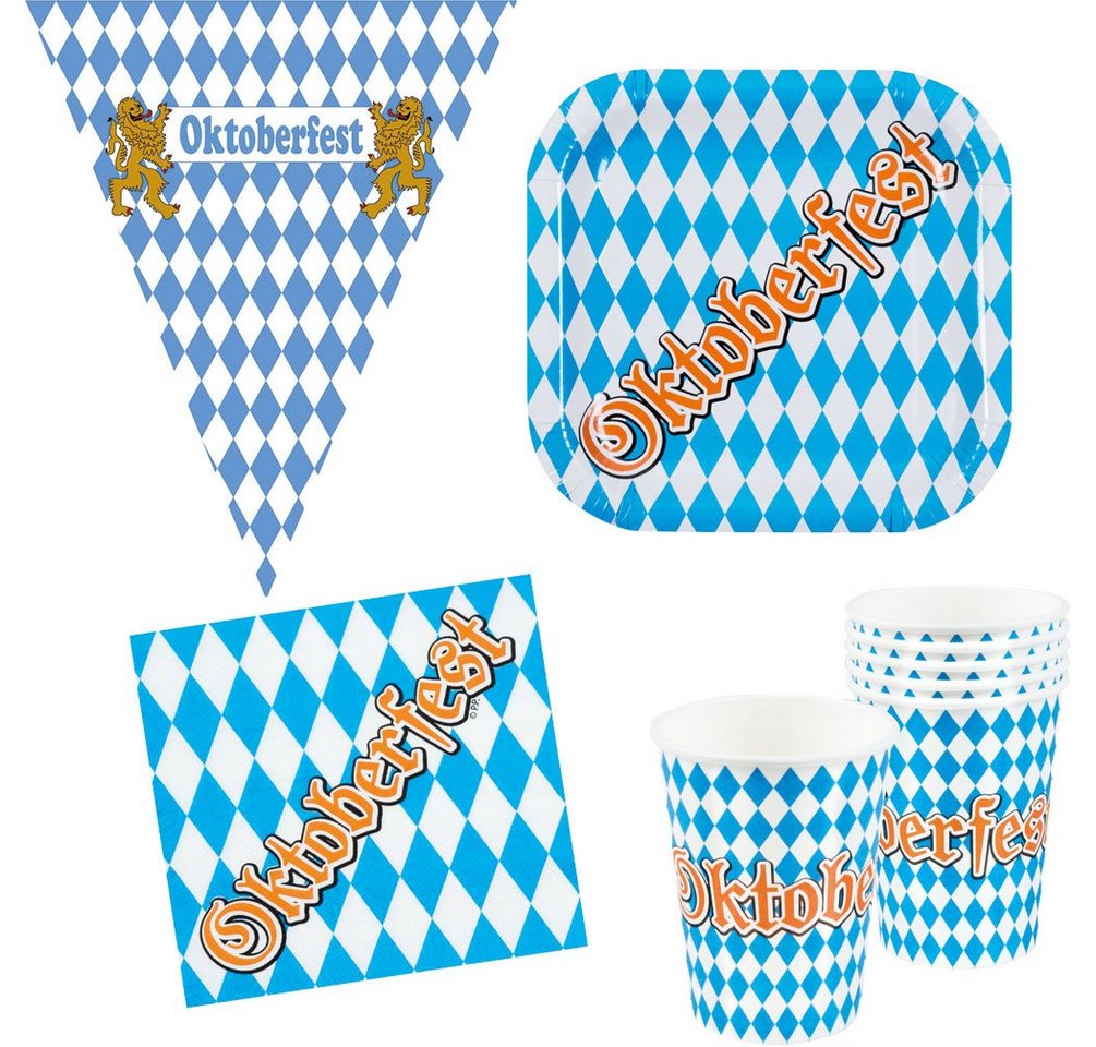 Karneval-Klamotten Einweggeschirr-Set Party Set Bayern Oktoberfest 24 Teile Wimpelkette, Partygeschirr Pappteller Pappbecher Servietten von Karneval-Klamotten