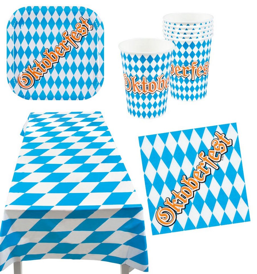 Karneval-Klamotten Einweggeschirr-Set Party Set Bayern Oktoberfest blau-weiß 25 Teile, Partygeschirr Pappteller Pappbecher Servietten von Karneval-Klamotten