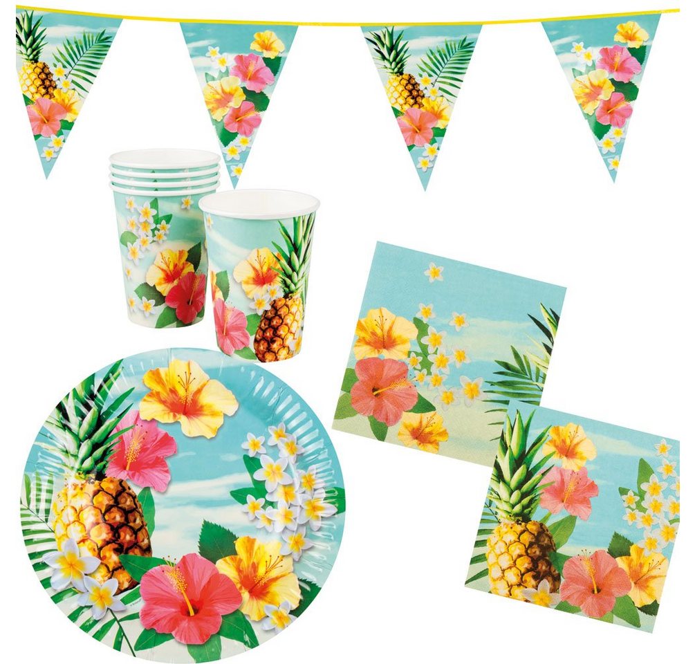 Karneval-Klamotten Einweggeschirr-Set Party Set Hawaii Blume Hibiskus + Deko Wimpelkette, Partygeschirr Pappteller Pappbecher Servietten von Karneval-Klamotten