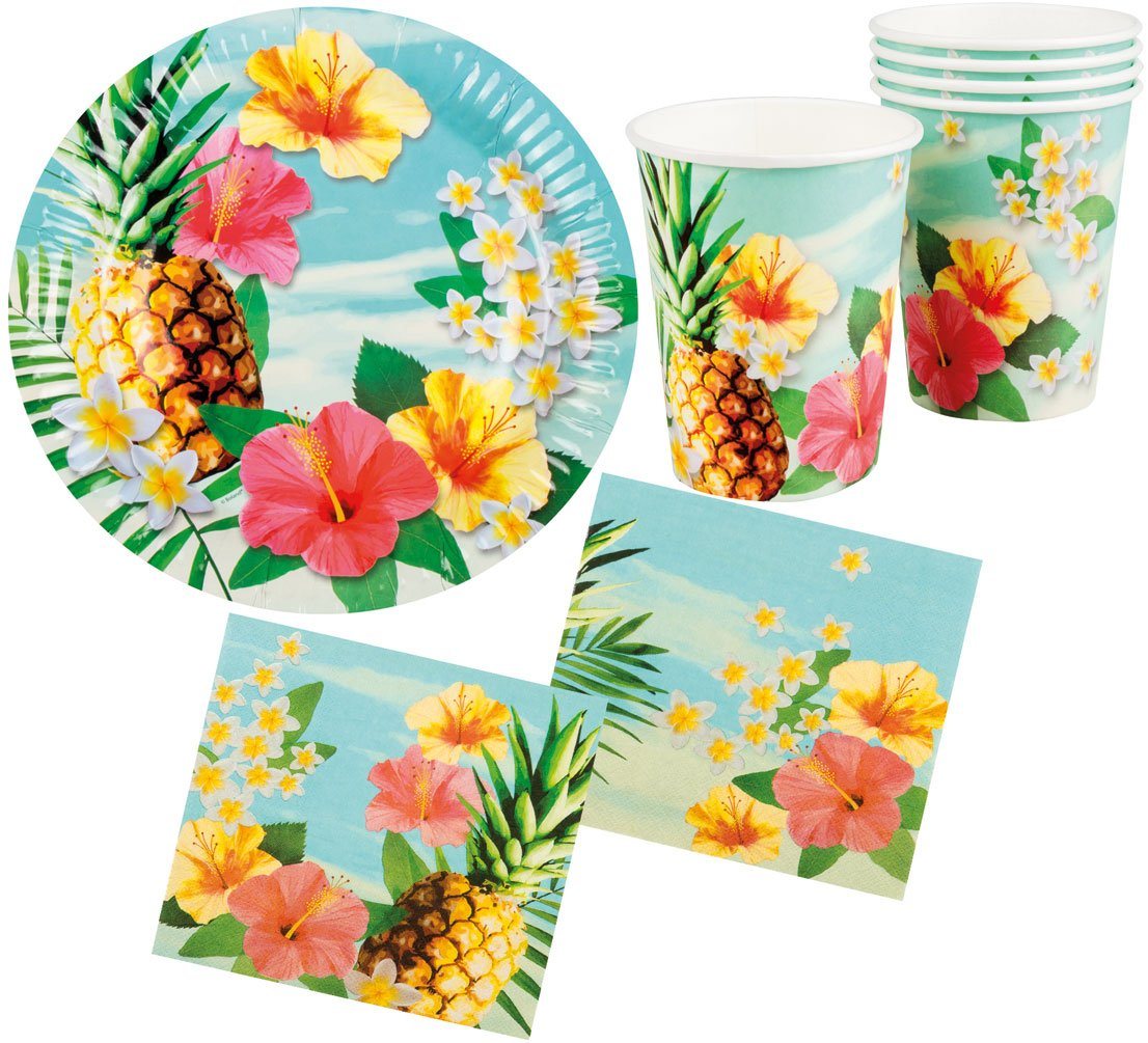 Karneval-Klamotten Einweggeschirr-Set Party Set Hawaii Blume Hibiskus 24 Teile, Partygeschirr Pappteller Pappbecher Servietten von Karneval-Klamotten