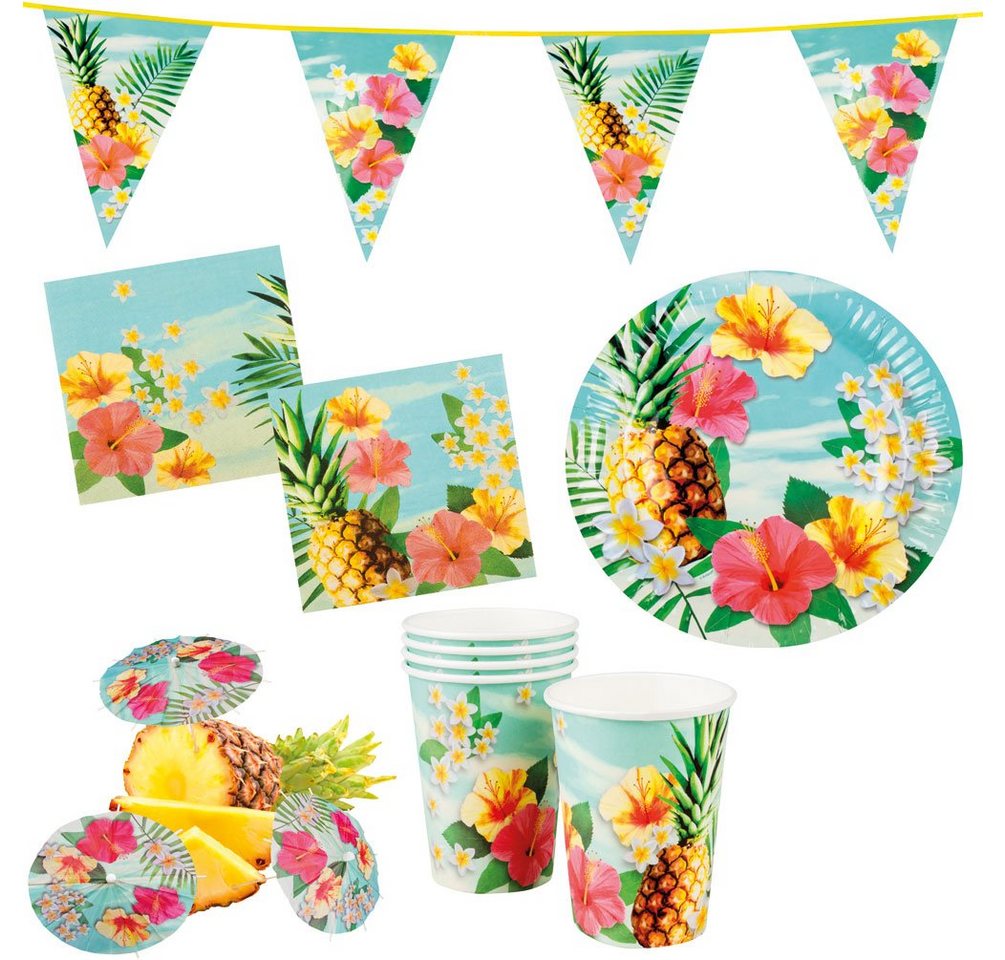 Karneval-Klamotten Einweggeschirr-Set Party Set Hawaii Hibiskus 30 Teile + Wimpelkette, Partygeschirr Pappteller Pappbecher Servietten von Karneval-Klamotten