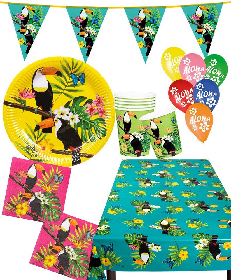 Karneval-Klamotten Einweggeschirr-Set Party Set Hawaii Tukan 25 Tlg Wimplekette Ballons, Partygeschirr Pappteller Pappbecher Servietten von Karneval-Klamotten