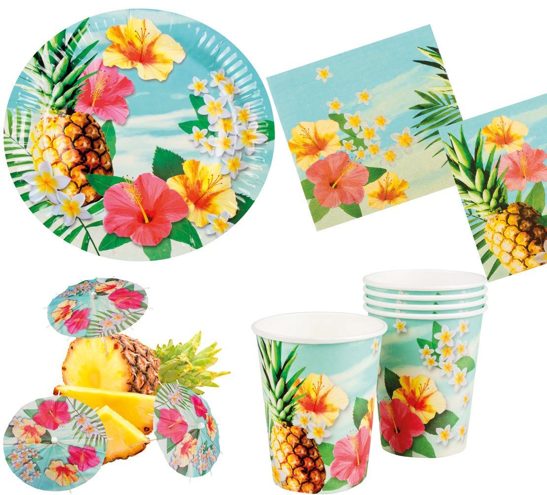 Karneval-Klamotten Einweggeschirr-Set Party Set XL Hawaii Blume Hibiskus 30 Teile, Partygeschirr Pappteller Pappbecher Servietten von Karneval-Klamotten