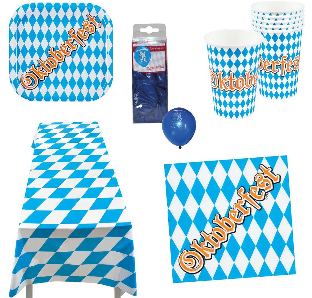 Karneval-Klamotten Einweggeschirr-Set Party Set XXL Bayern Oktoberfest blau-weiß 37 Tlg, Partygeschirr Pappteller Pappbecher Servietten von Karneval-Klamotten