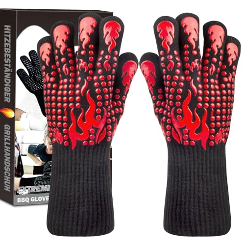 Karrong Grillhandschuhe Hitzebeständig bis 800°C, Feuerfeste Ofenhandschuhe Topfhandschuhe Handschuhe BBQ Handschuhe Kochhandschuhe Backhandschuhe Backofenhandschuhe (Rot, L/XL) von Karrong