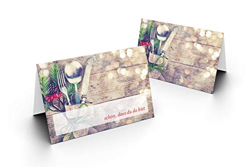 Karten24Plus 75 / Tischkarten Besteck mit Tannen-Holzhintergrund UV-Lack glänzend - für Hochzeit, Geburtstag, Jubiläum. als Tischdekoration!Format 8,5 x 11,2 cm von Karten24Plus