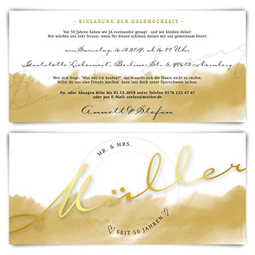 10 x Goldene Hochzeit Hochzeitseinladungen Goldhochzeit individuell Einladungskarten - Großer Name von Kartenmachen.de