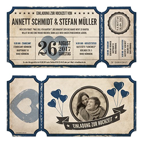 10 x Lasergeschnittene Foto Hochzeitseinladungen Hochzeitskarten - Retro Vintage Ticket Luftballons Blau von Kartenmachen.de