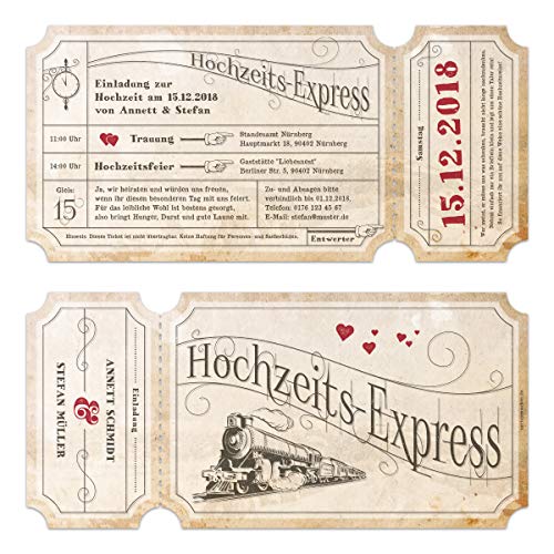 10 x Lasergeschnittene Vintage Hochzeitseinladungen individuell mit Ihrem Inhalt und echtem Abriss - Sand Zugticket Hochzeitsexpress von Kartenmachen.de