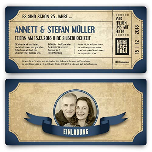10 x Silberhochzeit Hochzeitseinladungen silberne Hochzeit Einladungskarten individuell - Vintage Brautpaar Blau von Kartenmachen.de