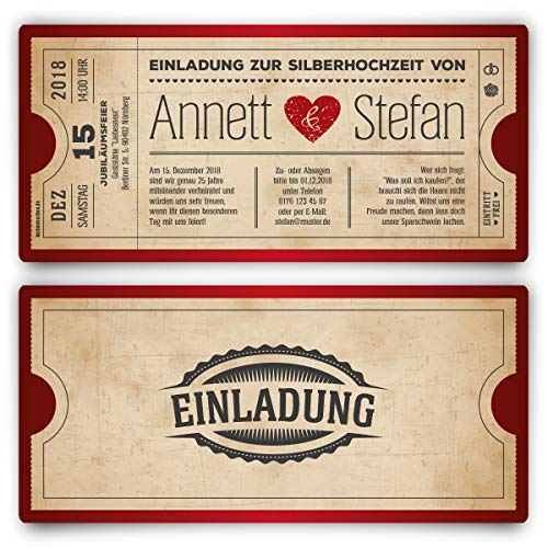 10 x Silberhochzeit Hochzeitseinladungen silberne Hochzeit Einladungskarten individuell - Vintage Herz Rot von Kartenmachen.de