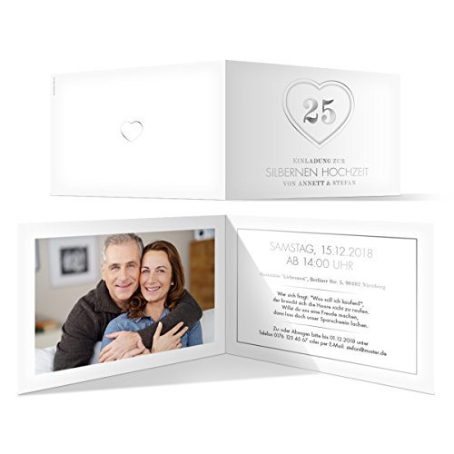 10 x Silberne Hochzeit Einladungskarten Hochzeitseinladungen Einladungen 25 Jahre - Jubiläums-Herz von Kartenmachen.de