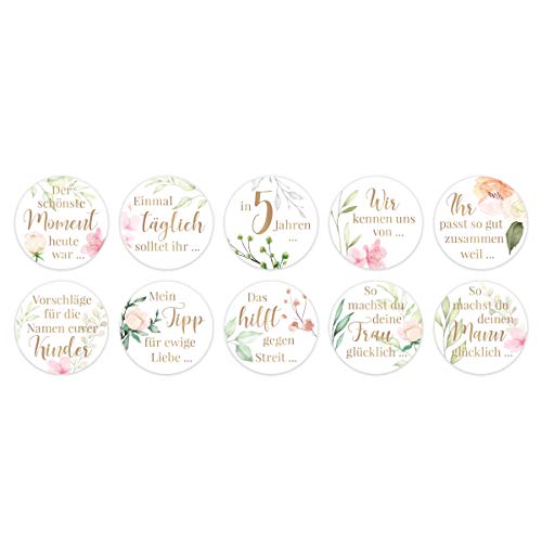 20 Sets Gästebuch Hochzeits Sticker Aufkleber Fragen selbstklebend Kreis 40mm je 10 Fragen - Blumen von Kartenmachen.de