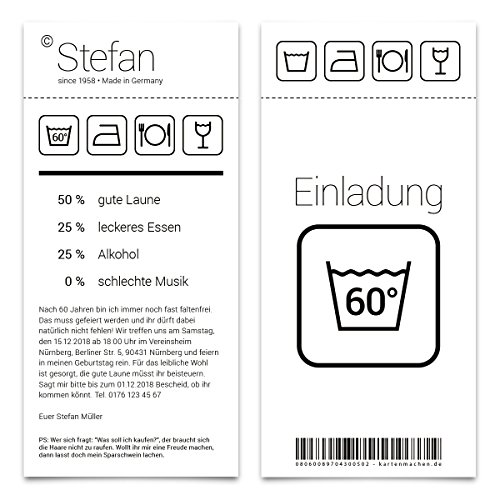 20 x Einladungskarten runder Geburtstag 60 Jahre Grad Geburtstagseinladungen - Waschanleitung von Kartenmachen.de