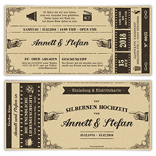 30 x Hochzeitseinladungen Silberhochzeit silberne Hochzeit Einladung - Vintage Kinoticket von Kartenmachen.de