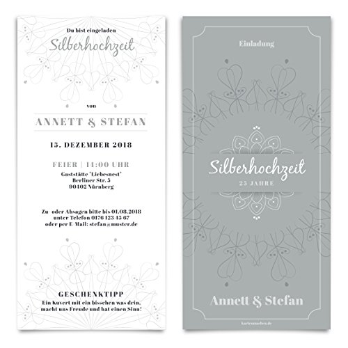 30 x Hochzeitseinladungen Silberhochzeit silberne Hochzeit Einladung individuell - Blumen Ornamente von Kartenmachen.de