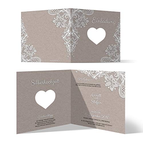 30 x Lasergeschnittene Hochzeitseinladungen Silberhochzeit silberne Hochzeit Einladung individuell - Rustikal Kraftpapier von Kartenmachen.de