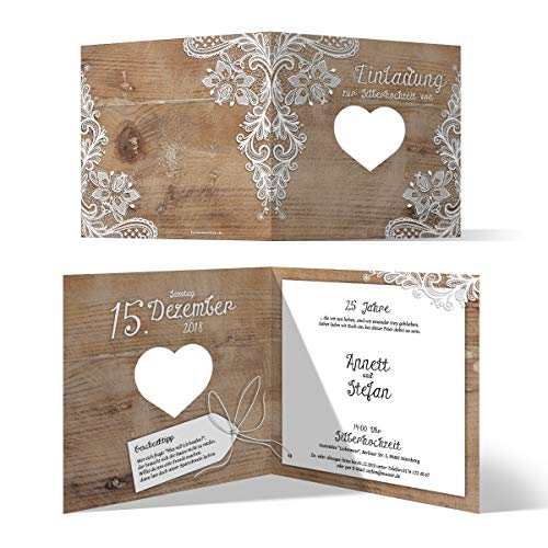 30 x Lasergeschnittene Hochzeitseinladungen silberne Hochzeit Silberhochzeit Einladungen individuell - Rustikal mit weißer Spitze von Kartenmachen.de