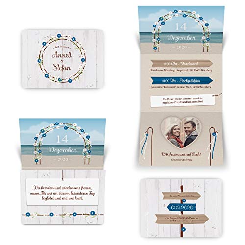 50 x Hochzeitseinladungen individuelle Hochzeit Einladungskarten DIN A6 Klappkarte mit Foto - Strandhochzeit von Kartenmachen.de