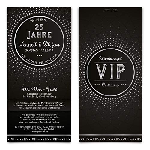 60 x Hochzeitseinladungen individuelle Einladungskarten Silberhochzeit - Schwarz/Silber VIP von Kartenmachen.de