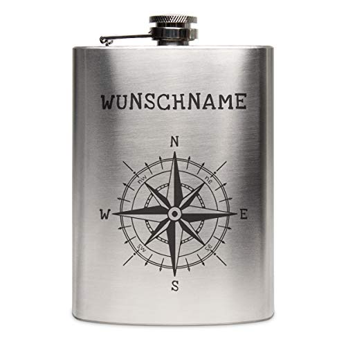 Edelstahl Flachmann 237 ml 8 oz Geschenk mit individueller Gravur - Kompass von Kartenmachen.de