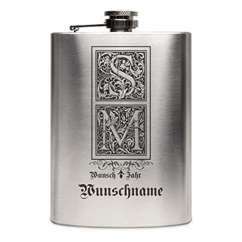 Edelstahl Flachmann 237 ml 8 oz Geschenk mit individueller Gravur - Verzierte Initialen von Kartenmachen.de