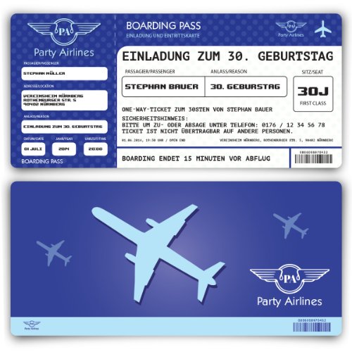 Einladungskarten zum Geburtstag (10 Stück) als Flugticket Party Ticket Karte Einladung Blau von Kartenmachen.de