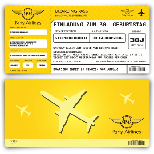 Einladungskarten zum Geburtstag (10 Stück) als Flugticket Party Ticket Karte Einladung Gelb von Kartenmachen.de