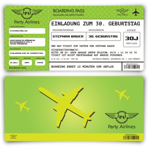 Einladungskarten zum Geburtstag (20 Stück) als Flugticket Party Ticket Karte Einladung Grün von Kartenmachen.de