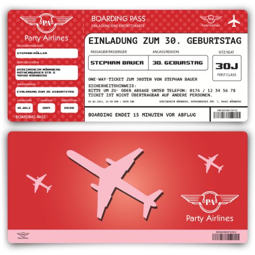 Einladungskarten zum Geburtstag (20 Stück) als Flugticket - Party Ticket Karte Einladung in Rot von Kartenmachen.de