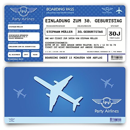 Einladungskarten zum Geburtstag (30 Stück) als Flugticket Ticket Karte Einladung in Blau von Kartenmachen.de